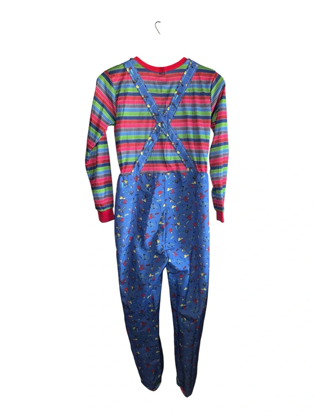 Chucky Doll Halloween Costume Good Guys Blue Overalls with Rainbow Stripe Top
